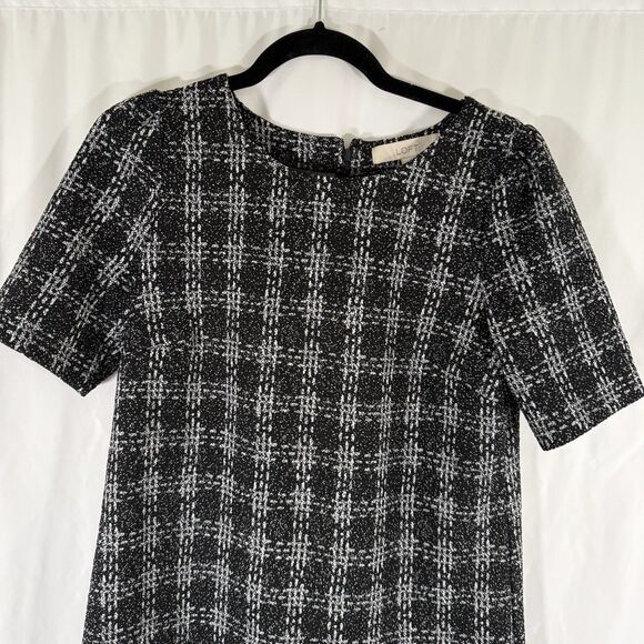 LOFT Dress Women's Small Black White Plaid Short Sleeve Round Neck Zip Back - Picture 2 of 10